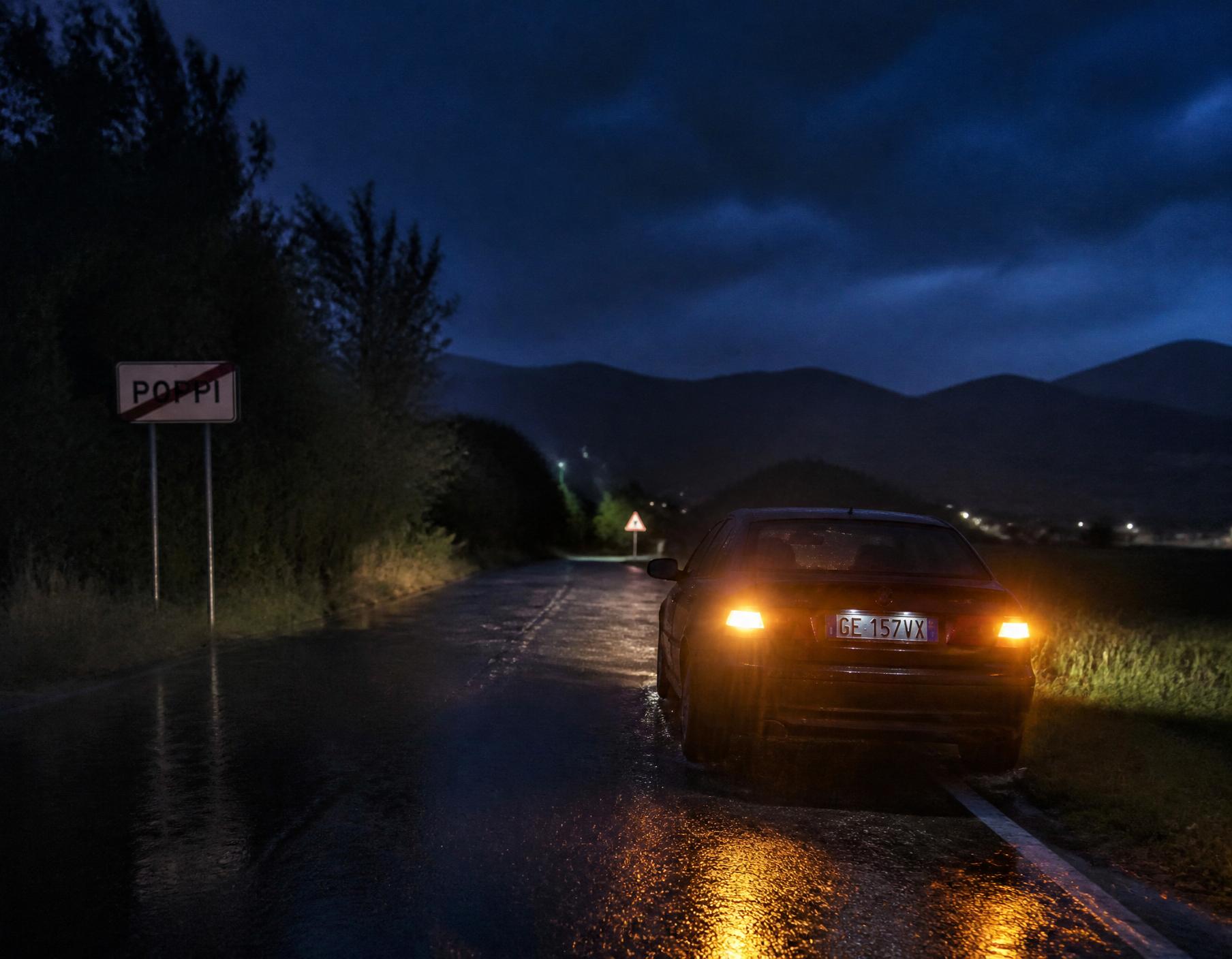 Auto in panne su strada dell'Alto Vicentino di notte